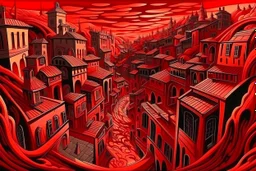 A dark red town with a fiery arena painted by MC Escher