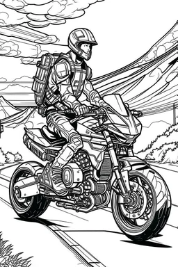 Outline art, no shading, machine bike full body on the road, cartoon style, black and white, low detail, --ar 9:11
