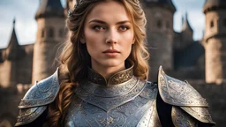 (masterpiece), (extremely intricate), (realistic), portrait of a girl, the most beautiful in the world, (medieval armor), metal reflections, upper body, outdoors, intense sunlight, far away castle, professional photograph of a stunning woman detailed, sharp focus, dramatic, award winning, cinematic lighting, , volumetrics dtx, (film grain, blurry background, blurry foreground, bokeh, depth of field, sunset,interaction, Perfect chainmail)