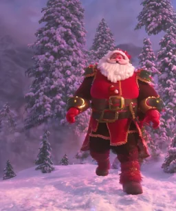 wide angle shot of the santa claus, red and green armor with emissive energy flowing in the chest, mystical geometric patterned textures, intricate, highly detailed