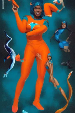 Miami Dolphins-themed female superheroine orange and teal skin-tight costume Coptic Art Afrofuturism Style of Elle Reisha Perlmutter Leng Jun Stan Lee Joseph Ducreux Kehinde Wiley Boris Vallejo Jeff Koons photorealistic portrait painting Marvel Comics chunyu japanesehighschool academic art street art 64 megapixels Pixar, Disney 3d digital art, Maya 3D, ZBrush 3D shading dynamic lighting iridescent