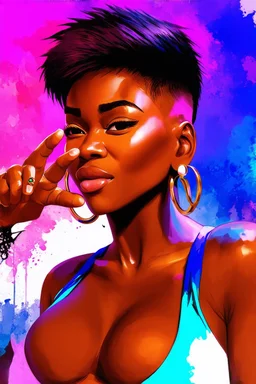 A vibrant digital illustration of a carribean woman with a confident yet playful expression. She is making a gesture by a raised brow. highly detailed short faded haircut. Her large hoop earrings are clearly visible, adding to the bold and expressive character of the artwork. with soft lighting accentuating the details of her face.", ink wash