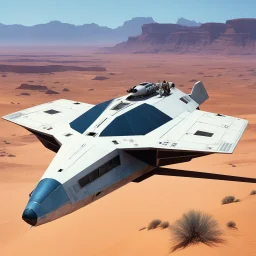 [high res photo by Kupka] Ensign Williams, driven by an unexplained urge, followed her instincts and ventured outside the secured areas of the USS Enterprise in a shuttlecraft. Flying over the desolate, desert-like surface of the uncharted Class M planet, she left behind the familiar mountains and entered a barren landscape that seemed to stretch endlessly. Dust devils danced across the plains, and ancient rock formations stood as silent sentinels of the planet's history.