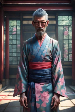 zenmaster in a zentemple in japan, a hipster of 30 years, tattood body arms, Mysterious, award - winning, by greg rutkowski, the style of David Hockney, sunny, yukata, artstation hyperrealism painting concept art of detailed character design matte painting, 4 k resolution blade runner