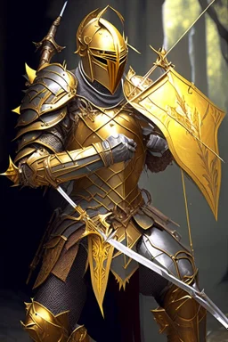 medival paladin with a crossbow and golden armor