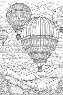 In a colorful hot air balloon, passengers ascend over undulating emerald hills. The panoramic view of the countryside below showcases nature's unspoiled beauty, while the balloon's silent flight represents a serene escape and a perspective of unbridled freedom..coloring book page, simple and clean line art, adult drawing book, black and white, crisp black lines, no shades, sharp lines, coloring book for adults, cartoon style, landscape