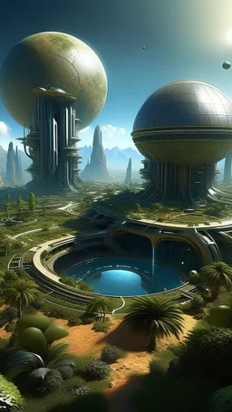 sci fi planet, oasis city, gardens