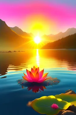 Water, air, little light fire on earth, Real swiss mountain, ocean landscape, heart nice lotus flour, Joy happiness, hyper real, sunrise, star, light colorfull