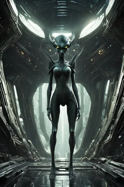 scary alien creature with alien skin,(((Beautiful drooping eyes))),(((Slightly longer arms)))、((long neck)))、Normal shoulder width、(short thighs)、(((Long below knee)))、(((thick waist)))、(Fairly long torso), with a damp and steamy highly detailed spaceship corridor in the background, full body, perfect face, detailed face, perfect body, highly detailed body, highly detailed skin, superior artificial intelligence, half of the face is robotic skeleton, stunning facial details, 45 degree angle of