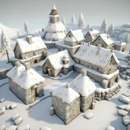 Snow-covered village made of stone, stone towers, stone wall. map perspective
