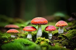 Hyperealistic low-level shot of a group of fly agaric mushrooms