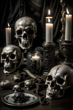 victorian occult items. Skull, voodoo, candles, c'thulu tentacles, jars of eyes