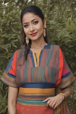 Aesthetic, 3D, Digitized, Hyper realistic, Surreal, Mesmeric, "Assamese Ethnic Tribal / Traditional Woven Women Attire" & Textile (Handloom) Industry themed Mekhela Chador (The bottom half of this distinct dress is called the 'Mekhela ', a round fit used waist downwards over a petticoat) designs, **Featured Designs:** An adventurous traveler who incorporates elements of tribal fashion into her everyday wardrobe, exuding an air of worldly sophistication. **Appearance:** fictional female model end