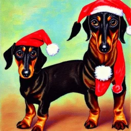 black and brown dachshund in a santa costume profile impressionism