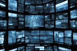 A glitchy video message on the iconic multiple screens of Minority Report, inspired by "The Electronic Revolution", (William S. Burroughs), with fragmented words and disjointed images. The protagonists, watching the screens, maybe be aliens or phantasmagoric creatures from dreams