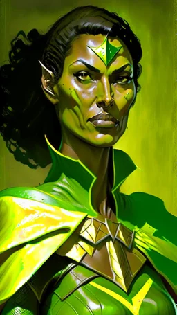 A tall woman with tanned skin. Her face, marked by the years, always has a smirk on it, showing her superiority in the eyes of the others. She is dressed in leather armor and wears a yellow and green cape. A scar runs from her right ear to her neck.