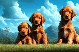 digital gouache matte painting, volumetric nature environment, organic, (( cute ( irish setter puppies and golden retriever puppies ) playing together )), close-up portrait, elegant, intricate, realistic shaded volumetric lighting, volumetric clouds, concept art, detailed eyes, illustration, 8k, uhd, hires, backlight, centered camera view, vitality colors, ambient occlusion, sunlight caustics, design and art by sam curry