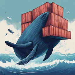A whale carrying shipping containers on its back ,in the ocean. Digital Art, Digital Drawing