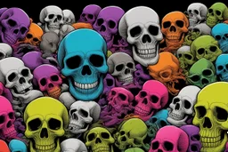 a field of 1000s of cartoonish, anatomically correct, skulls, vivid RANDOM BRIGHT neon colors, dark comedy, well lit, high detail, photorealistic, horrorcore, fun, scary, none featured, each a different color or hue,