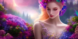 bright fairy, beautiful portrait, flowery landscape