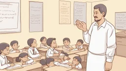 A male teacher explaining in a primary school, Egyptian skin, only five fingers on the hand