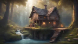 Cabin in fantasy forest with waterwheel