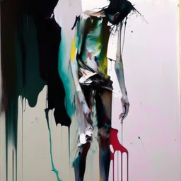 Empty Minimal contemporary abstract flat figurative painting.. Big brushstrokes. Twisted fragments of bodies. Drips of paint. style of Justin Mortimer and Adrian Ghenie. Triadic colour