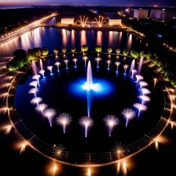 camera captures from above,Create a scene where 16 fountains in a small sea shoot water jets in the shape of a love symbol, creating beautiful splashes in the water.