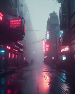 Cyberpunk district with giant foggy skyscarpers, cars, FoV: 100, HD, Unreal Engine 4, Blade Runner 2049, heavy rain, rainy streets reflection, neon signs, low contrast, grainy, less color