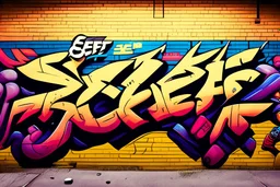 a graffiti mural wall with the word cell street fighter 6 style