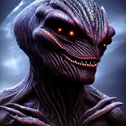 Evil humanoid alien with dark rough skin with scales, concept art, hyper realistic, photorealistic