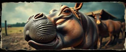 airbrush and pen outline, close up on hippo donkey monkey farm , pinhole cam, airbrush 3d rendering, in the style of Titian and Rembrandt , torn edges on border