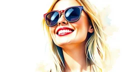 Watercolor happy blonde woman sunglasses portrait head and shoulders