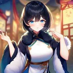 Clear focus,High resolution, Black short fluffy hair, and blue eyes, wearing a Chinese Traditional outfit dark green with black, Blushing, Hand up, white fur around her neck