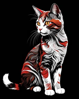 Art illustration lineal art gato calicó calidad ultra, hiperdetallado, 12k, fondo negro, color blanco, rojo, negro y marrón full body