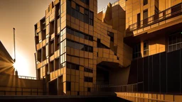 A deconstructivist building in the early morning, with the rising sun casting warm, golden light that highlights the building's geometric forms and casts intricate shadows, inviting the viewer to pause and reflect on the interplay between the individual and their architectural surroundings.