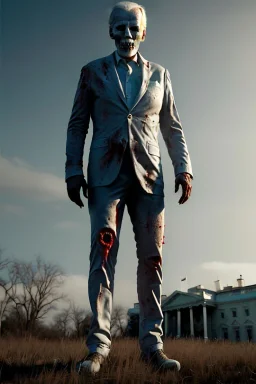 Ultra realistic image, joe biden zombie, zombie performance, suit, skull, blood, torn arm, night, walking twisted, waist up view, thriller style, dark ambient, highly detailed, White House background, concept art, unreal engine 5, ray tracing, RTX, ultra detail, volumetric lighting, high definition, high resolution.