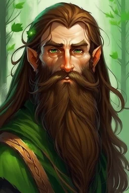 Gnom, braune lange wilde Haare, große, dicker Nase, gepflegter kurzer Bart, kein Vollbart, grüne Augen, schlank, hübsch, sehr jung (etwa zwanzig Jahre) , Druide