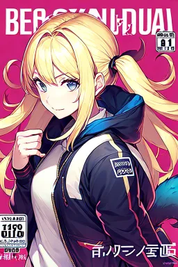 blonde girl with hair with two tails waring jacket, line arts, manga cover