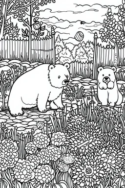 Outline art, bears in the garden, cartoon style, black and white, low detail, --ar 9:11