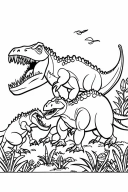 A coloring page, white backgrounda Depict a T-Rex family participating in a group learning activity, such as practicing their hunting skills or identifying different plant species, with the parents guiding their offspring through the process. ink drawing clipart, simple line