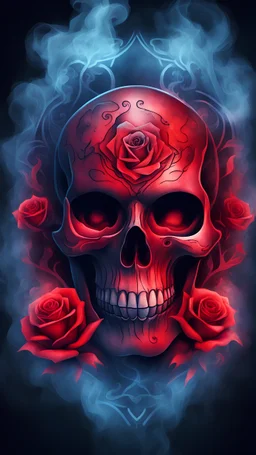2D image of abstract red skull symbol tattoo with rose element, blue and red tone light, motions fog smoke on dark cinematic background