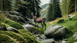 deer in forest next to rocks and grass fields