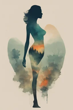 A minimalist, t-shirt design with a vintage twist, featuring a sleek and stylized unclad woman's body silhouette against a faded, women's body is a painting about nature, awesome, bright.