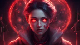 Artistic image, female character with a mix of features from a scientist and an alchemist, her eyes glowing with a sinister red light
