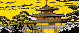 A yellowish orange fiery Japanese royal palace painted by Roy Lichtenstein