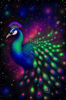 "Create a mesmerizing digital artwork that combines the ethereal beauty of a starlit galaxy with the intricate patterns and vibrant colors found in a peacock's plumage. Infuse a sense of cosmic wonder and regal elegance into the composition, allowing the viewer to be transported to a realm where celestial and earthly aesthetics harmoniously converge."