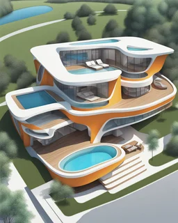 Vista aérea Casa campestre arquitectura Zaha Hadid, Estilo de dibujo a lápiz de color, calidad ultra hiperdetallado, arte digital, 3D 8k, clima de verano