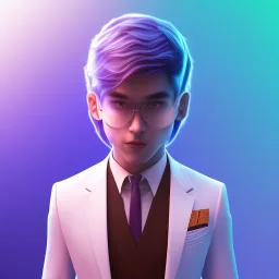 man, cute face, white highlight hair, brown eye, white, skin, purple suits, futuristic, science, purple, blue, dark pink background lighting, technology, profile, asian boy, square face, orange backlight, pug