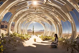 Unground solar punk tunnels, cinematic, extreme dof, dystopian, sci-fi, award-winning, Yui working hard in a garden, National Geographic, breath taking, oxygen farm but outside is a desert, fantasy, magical, geometry